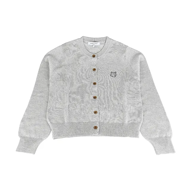 【Maison Kitsune】MAISON KITSUNE 標籤LOGO羊毛長袖6鈕釦圓領開襟衫(女款/淺灰)