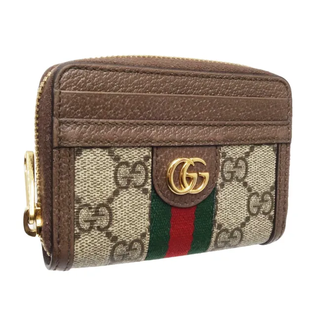 【GUCCI 古馳】658552 經典Ophidia系列帆布牛皮飾邊拉鍊零錢包(棕色)