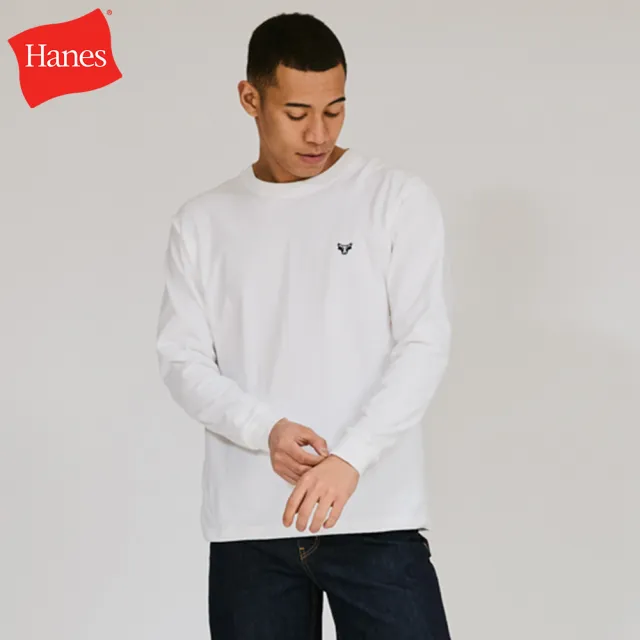 【Hanes】官方直營 男款-BEEFY系列 布章長袖TEE-白色(H8-X401-010 日規)-出清品