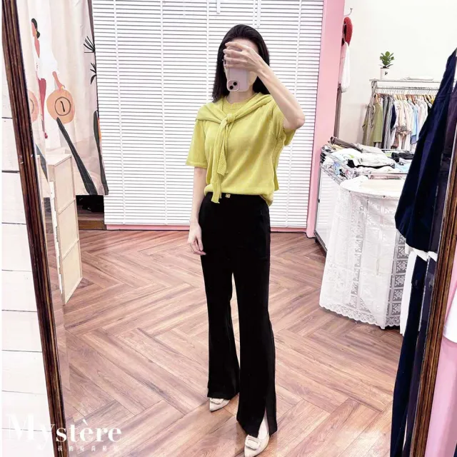 【my stere 我的時尚秘境】雙11 顯瘦女神褲 開衩款 兩色可選(緊身褲 細閃褲 小喇叭褲 黑褲 打底