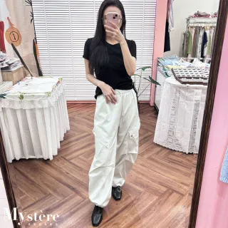 【my stere 我的時尚秘境】雙11 口袋工裝彎刀褲 兩色(鬆緊腰綁帶 大口袋 抽繩束腳 街頭百搭 工裝