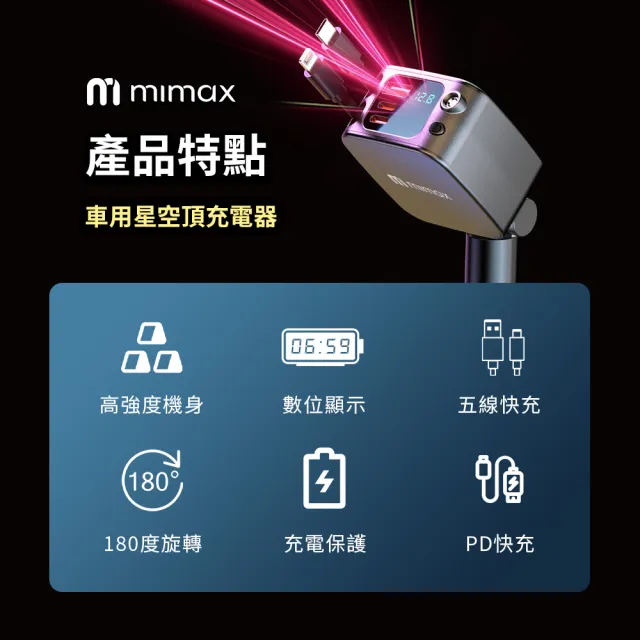 【mimax 米覓】車用星空頂充電器(車充 車用 自帶線車充 汽車充電器 Type-C)