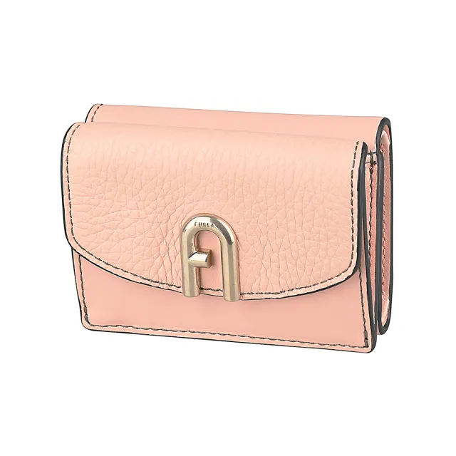 【FURLA 芙拉】FURLA Primula復古金LOGO小牛皮3卡按釦式三折短夾(迷你/蜜桃粉)