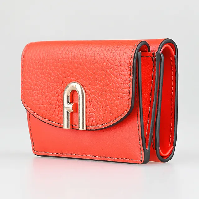【FURLA 芙拉】FURLA Primula復古金LOGO小牛皮3卡按釦式三折短夾(迷你/橘紅)