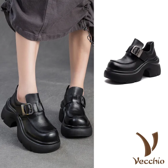 【Vecchio】真皮樂福鞋 厚底樂福鞋/真皮頭層牛皮復古英倫風金屬釦帶厚底粗跟樂福鞋(黑)