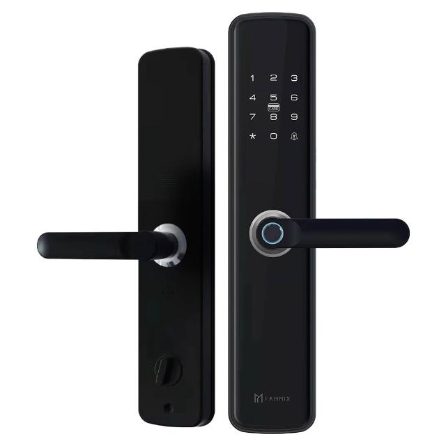 FAMMIX菲米斯五合一電子鎖，結合指紋、密碼、鑰匙、感應卡、藍芽APP多種開門方式，提供安全便捷的智慧家居解決方案。可登入100張NFC感應卡及100個指紋，支援虛偽+真實密碼設定，適用門厚4-10cm，使用4顆3號電池，電池壽命依使用習慣而定，配備Micro USB緊急電源。產地中國，一年保固，NCC認證CCAJ20LP24B0T7，適合現代家庭升級門鎖需求。