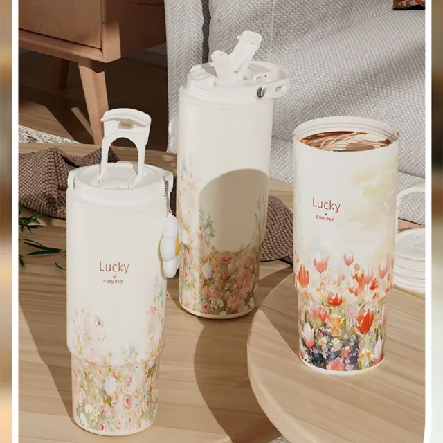 【SUNLY】880ml 316不鏽鋼陶瓷保溫杯 大容量保溫瓶 車載水杯 手提吸管杯 冰壩杯(家用/車用/辦公)