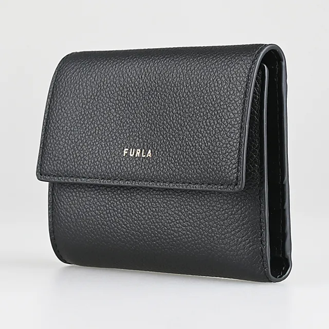 【FURLA 芙拉】FURLA Goccia燙金字LOGO小牛皮6卡壓釦式三折短夾(中/黑)