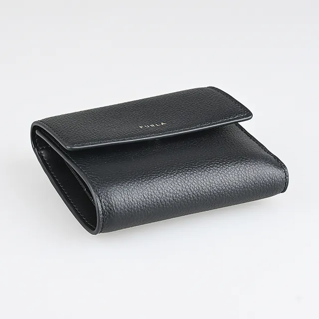 【FURLA 芙拉】FURLA Goccia燙金字LOGO小牛皮6卡壓釦式三折短夾(中/黑)