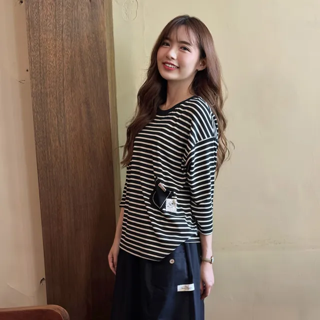 【Hana Mokuba】花木馬日系女裝簡約寬鬆圓領條紋T恤(T恤)