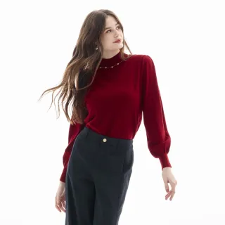 【HONOR 山形屋】圓珠水鑽點綴微高領針織上衣-米白/黑/紅