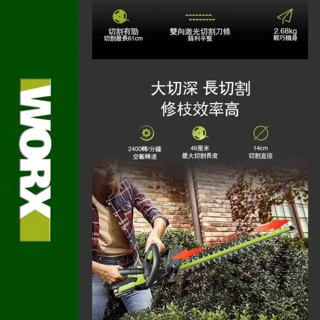 【WORX 威克士】20V 46cm 無刷鋰電修籬機 WD254.9+F49(可用美沃奇電池 修籬機 籬笆剪 修枝 鋰電籬笆機)