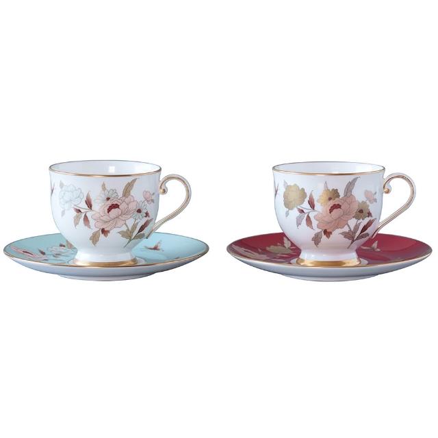 【NARUMI 鳴海骨瓷】雅菊秋韻骨瓷茶杯2入組-紅+藍-240ml(居禮名店獨家代理 茶杯 對杯組 陶瓷杯 下午茶)