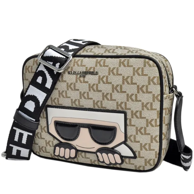 【KARL LAGERFELD 卡爾】KL Logo人像防刮皮革相機斜背包(米)