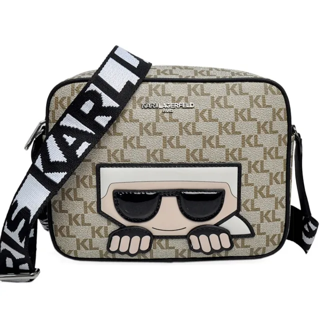 【KARL LAGERFELD 卡爾】KL Logo人像防刮皮革相機斜背包(米)