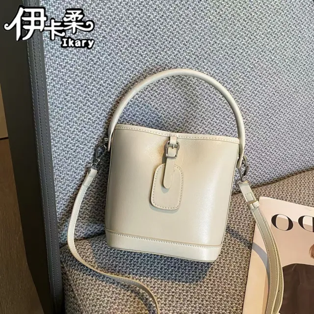 【Ikary 伊卡柔】雙11 復古真皮斜跨手提水桶包(5517)