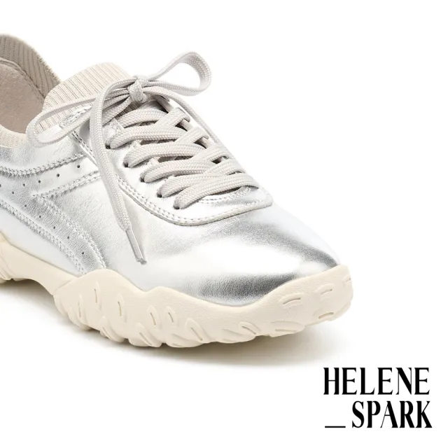 【HELENE_SPARK】美式復古沖孔異材質綁帶厚底休閒鞋(銀)
