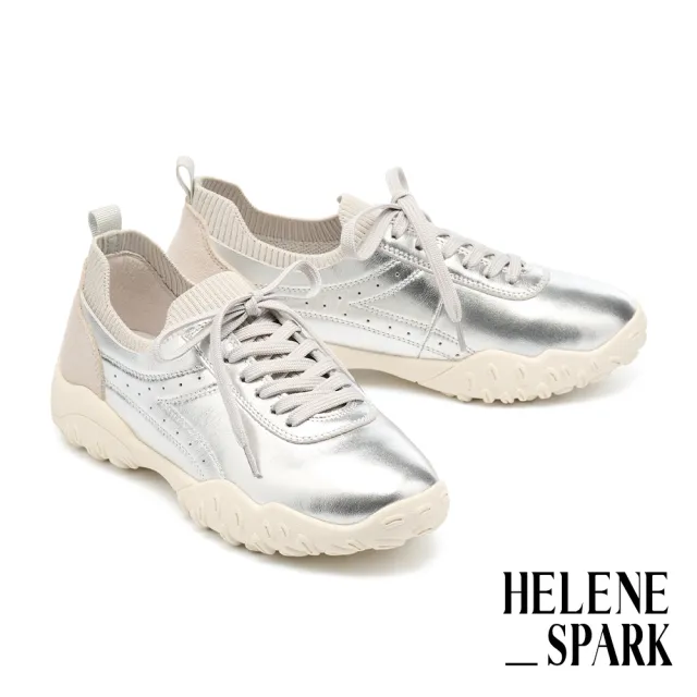 【HELENE_SPARK】美式復古沖孔異材質綁帶厚底休閒鞋(銀)