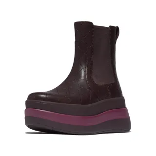 【FitFlop】F-MODE 厚底菱格紋皮革高筒切爾西靴-女(李子色)