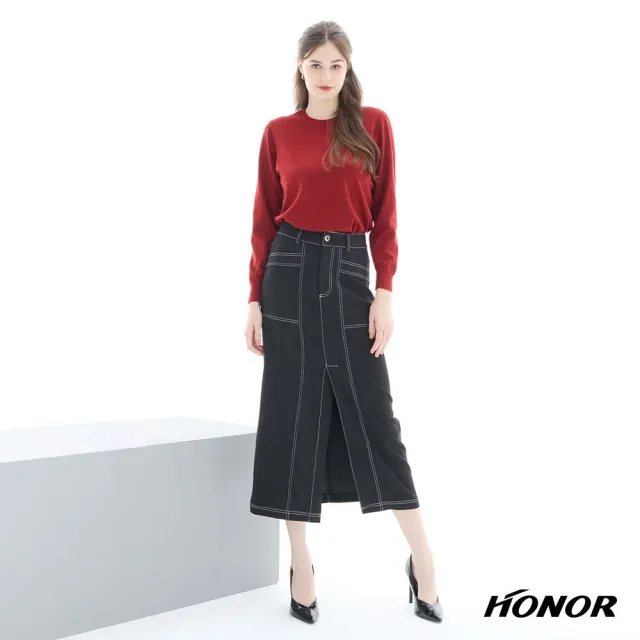 【HONOR 山形屋】出清品 簡約單釦車線修身牛仔長裙-黑/藍(限定出清)