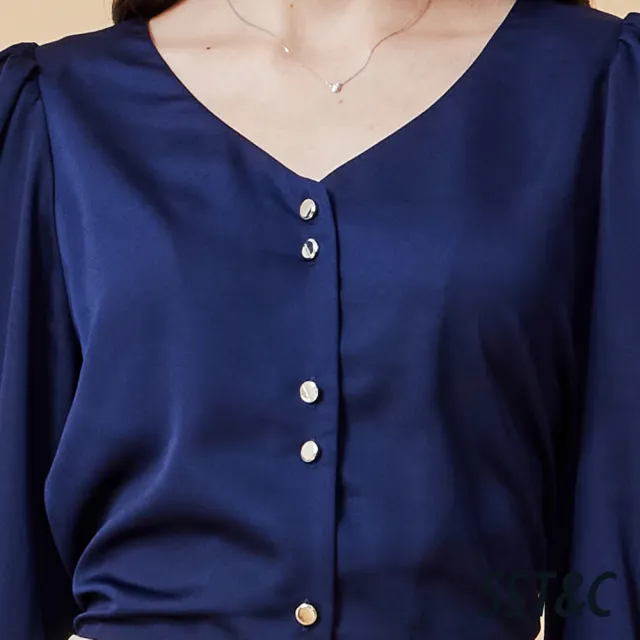 【SST&C】女裝 深幽藍V領抽皺袖長袖上著-825212061012(指定單品快閃價)
