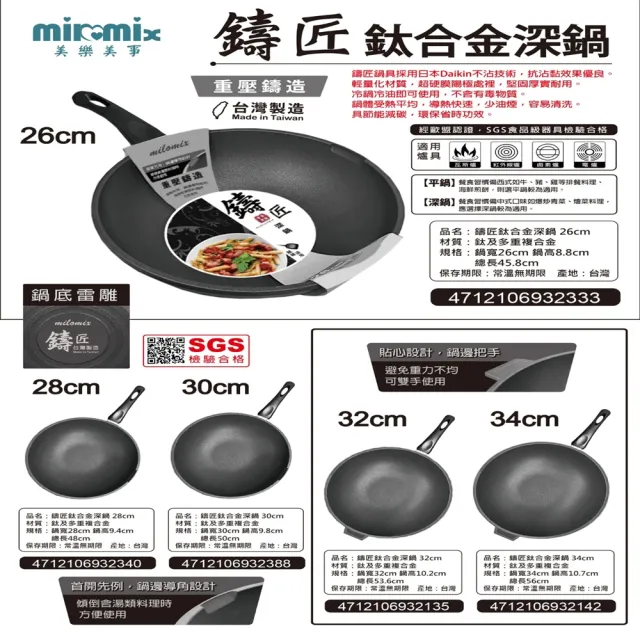 【美樂美事 milomix】鑄匠鈦合金深鍋/炒鍋28cm