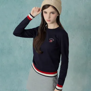 【ELLE ACTIVE】女款 法式撞色條紋羅紋針織圓領長袖上衣-深藍色(EA25A1W5405#39)