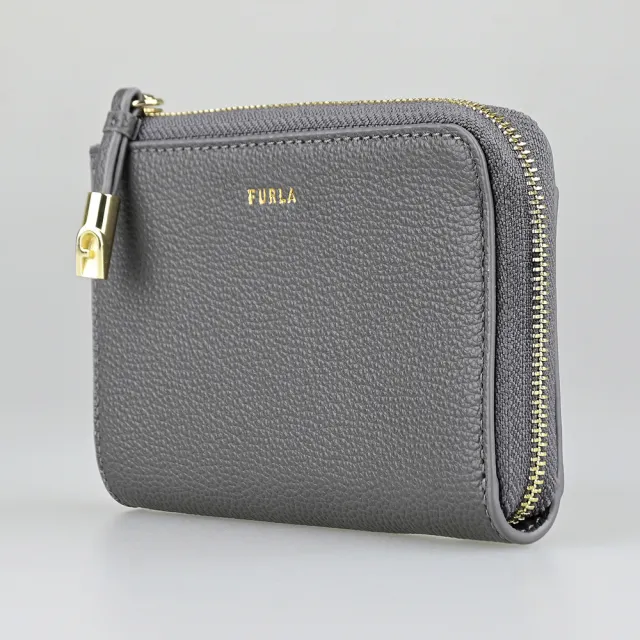 【FURLA 芙拉】FURLA Goccia燙金英文LOGO牛皮4卡拉鍊卡夾零錢包(中/深灰)