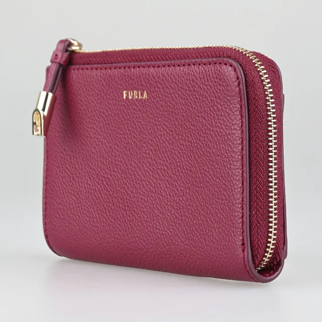 【FURLA 芙拉】FURLA Goccia燙金英文LOGO牛皮4卡拉鍊卡夾零錢包(中/櫻桃紅)