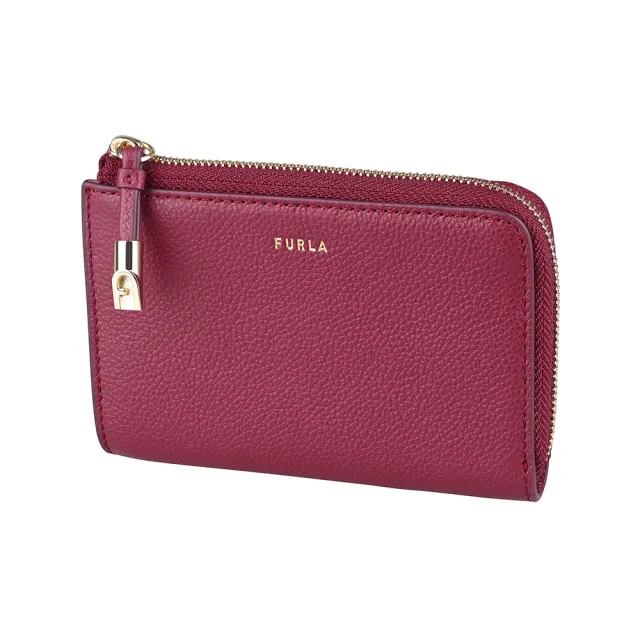 【FURLA 芙拉】FURLA Goccia燙金英文LOGO牛皮4卡拉鍊卡夾零錢包(中/櫻桃紅)