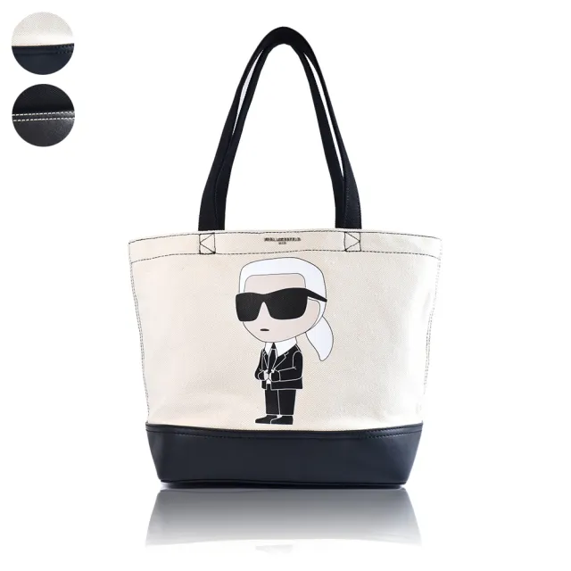 【KARL LAGERFELD 卡爾】老佛爺磁釦棉布拚皮革托特包(新款任選)