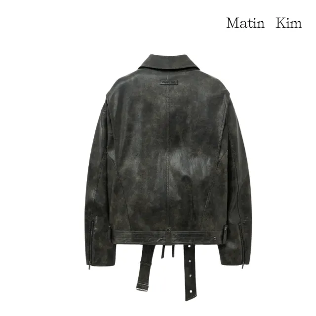 【MATIN KIM】官方旗艦 腰帶造型皮革騎士夾克 女款(炭灰)