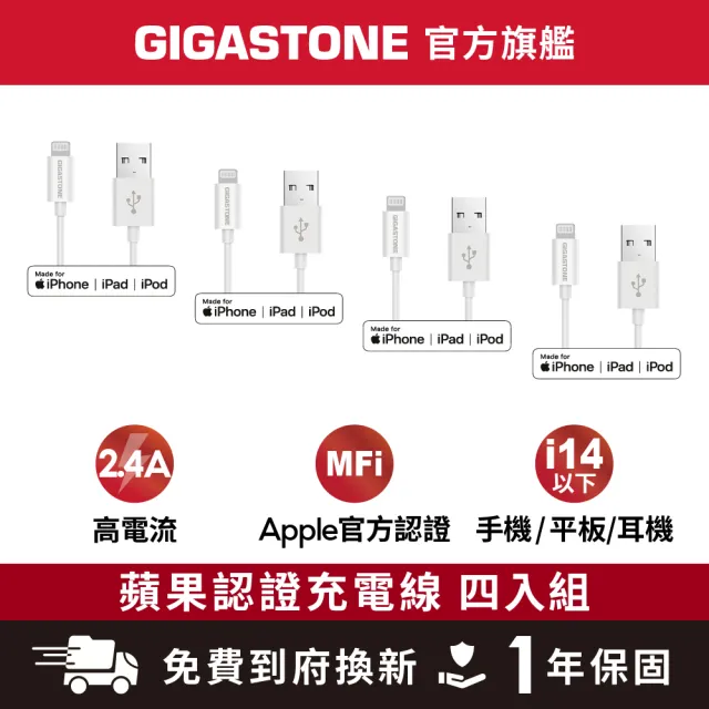 【Gigastone 立達國際】4入組 USB-A to Lightning 1M傳輸充電線(MFi認證支援iPhone 14/13/12/11/iPad充電)