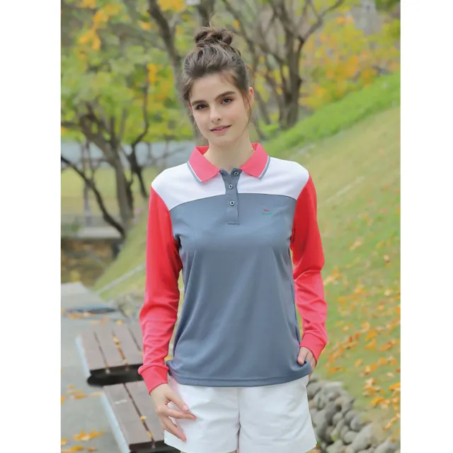 【Per GIBO】女版拼接菱眼布長POLO衫(PK232958灰/白/猩紅)