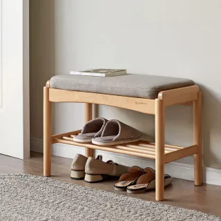 【hoi! 好好生活】源氏木語京都原木色實木布面0.6M穿鞋椅 Y107T51 亞麻灰