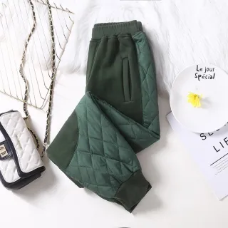 【ACheter】夾棉加厚寬鬆休閒大碼拼接保暖棉長褲#126615(咖  玫紅  綠  藍  黑)