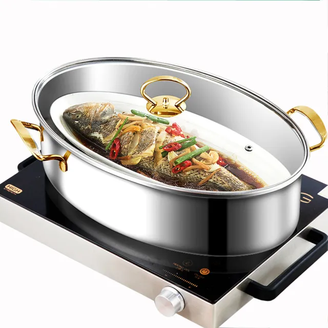 【PUSH!】廚房用品不銹鋼隔水蒸魚鍋 橢圓長形蒸鍋38cm電磁爐(蒸魚鍋 蒸鍋 鍋 D207)
