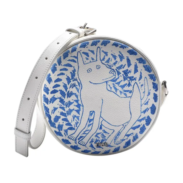 【Dior 迪奧】DIOR AND HYLTON NEL 聯名系列小牛皮藍色狗狗圖騰圓餅包/斜背包(白色1ESPO349KES_H511)