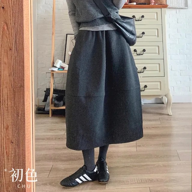 【初色】復古簡約休閒寬鬆修身鬆緊高腰花苞裙中長裙半身裙-深灰色-17027(M-XL可選)（其他規格）