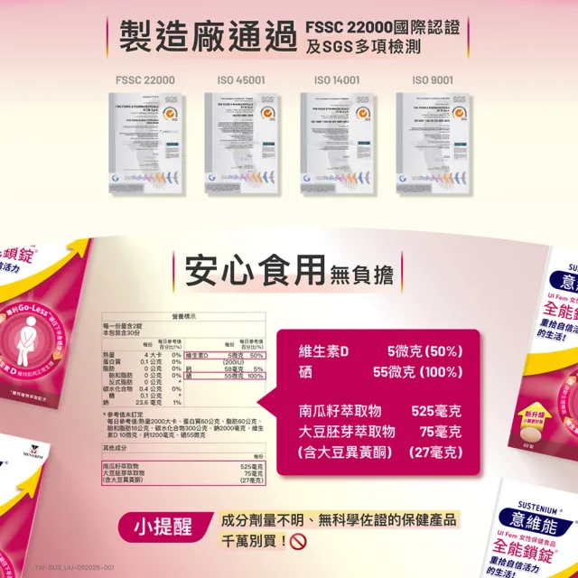 【Sustenium 意維能】全能鎖錠(60錠/盒-Go-Less/南瓜籽/大豆胚芽萃取)