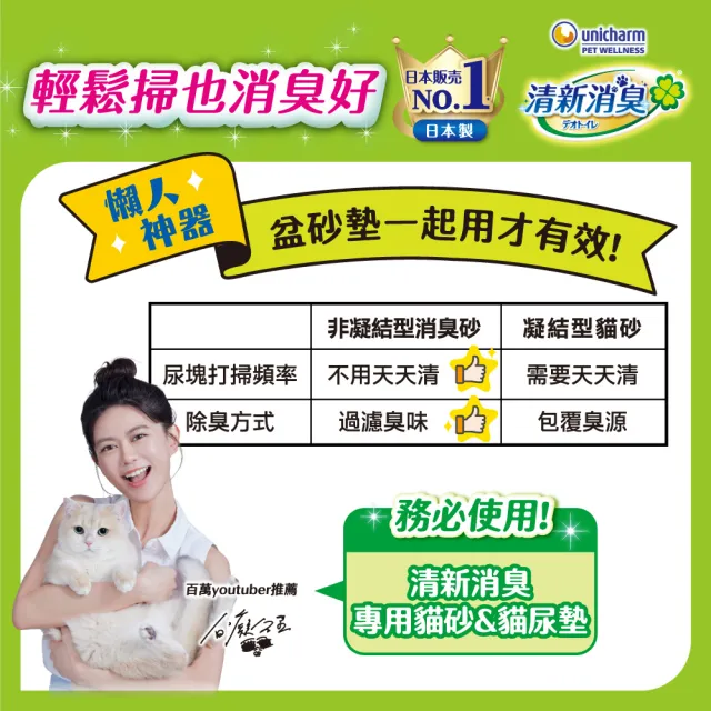 【Unicharm Pet 清新消臭】抗菌貓砂3.8L-4L*2&抗菌貓尿墊*1(沸石砂/多貓用/淡雅清香)