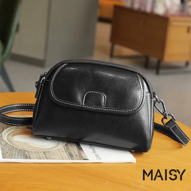 【MAISY】日系簡約典雅真皮百搭單肩包 斜跨包(白/焦糖/咖啡/黑)
