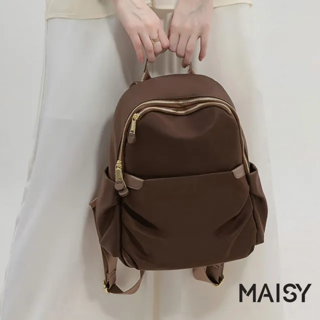 【MAISY】簡約時尚緞面防水牛津布後背包 書包 雙肩包(杏棕/杏灰/咖啡/百搭黑)