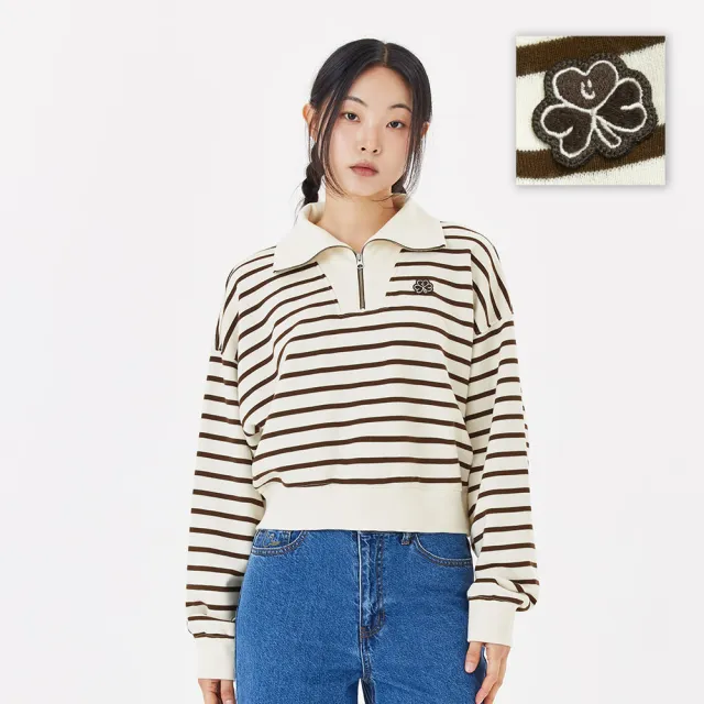 【Mark Gonzales】女裝 CLUV 條紋半開拉鍊長袖衛衣-米白色