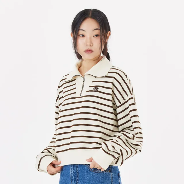 【Mark Gonzales】女裝 CLUV 條紋半開拉鍊長袖衛衣-米白色