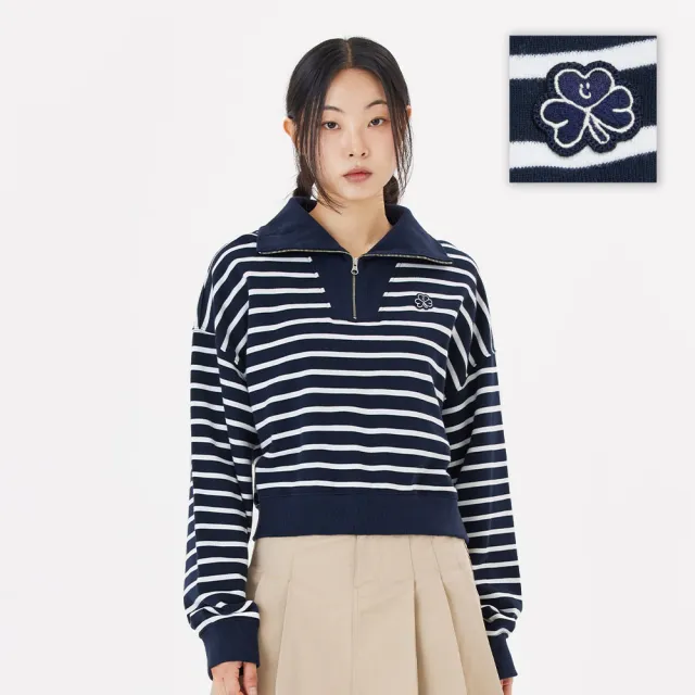 【Mark Gonzales】女裝 CLUV 條紋半開拉鍊長袖衛衣-深藍色