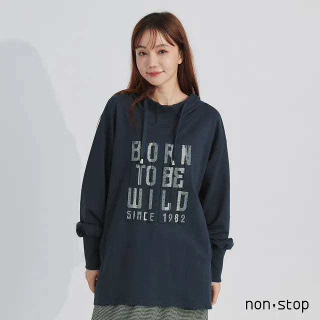【non-stop】隨性字母印花連帽長版T恤-2色