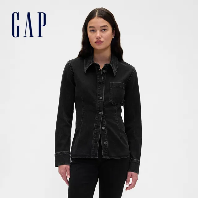 【GAP】女裝 翻領長袖牛仔襯衫-水洗黑(843563)
