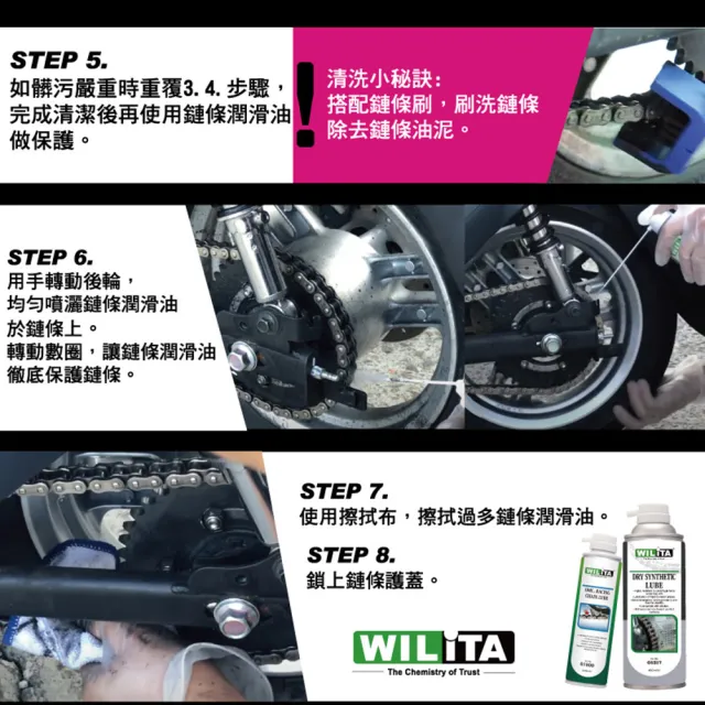 【WILITA 威力特】鏈條潤滑清潔專業超值五件組(不甩油 不染塵  適GOGORO 重機 自行車  檔車)