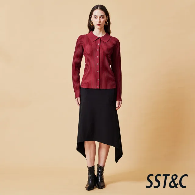 【SST&C】女裝 豎紋羊絨開襟針織衫－酒紅-825212173013(換季55折)